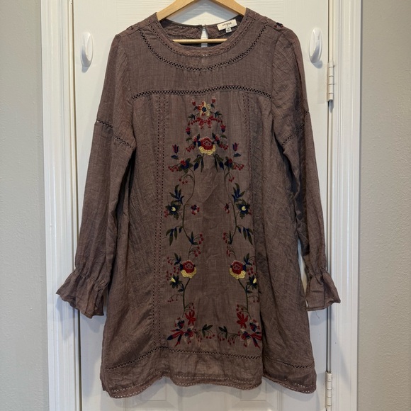 Umgee Mini Dress Women’s Med Brown Taupe Embroidered Floral Lace Crochet Boho - Picture 2 of 11